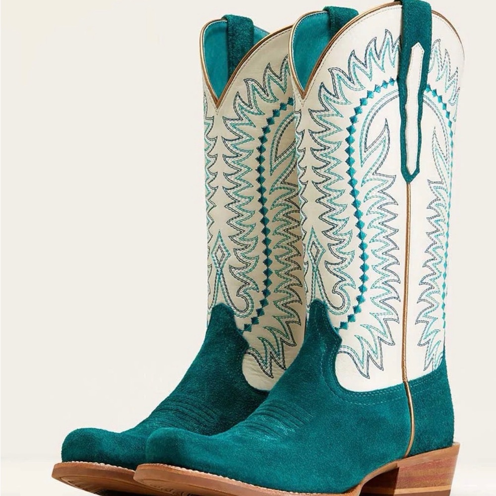 White & Teal Vegan Suede Square Toe Embroidered Mid-Calf Dancing Boots